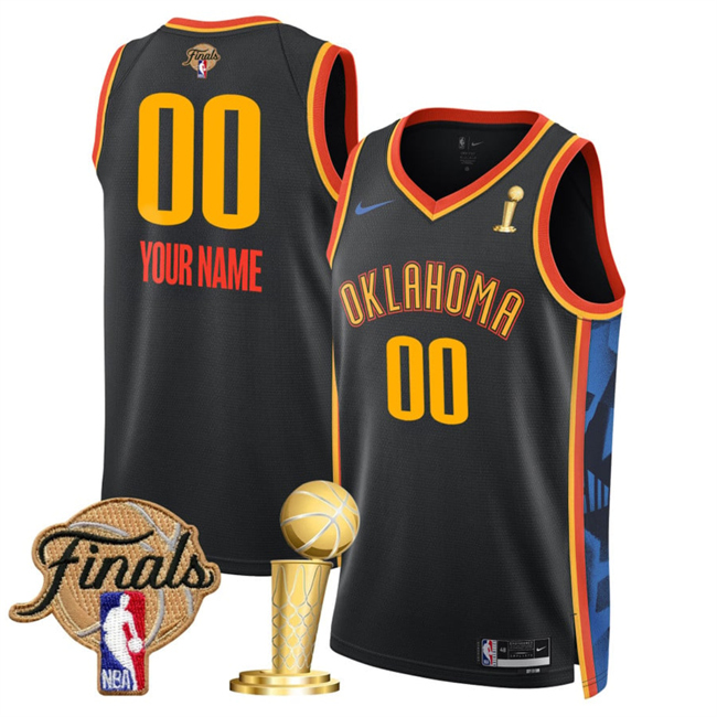 Men's Oklahoma City Thunder Customized Black 2025 Finals Patch And Finals Champions Patch City Edition Stitched Basketball Jersey